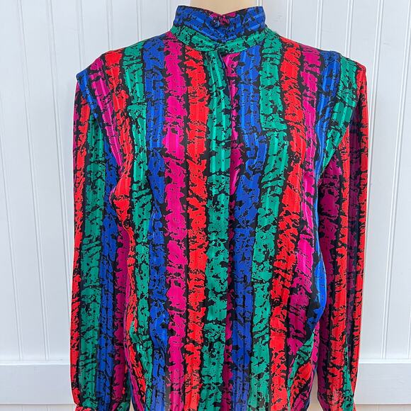 Vintage 80s 90s AJ & Friends Neon Bright Abstract Print Mock Neck Blouse Top 10 - Picture 1 of 11